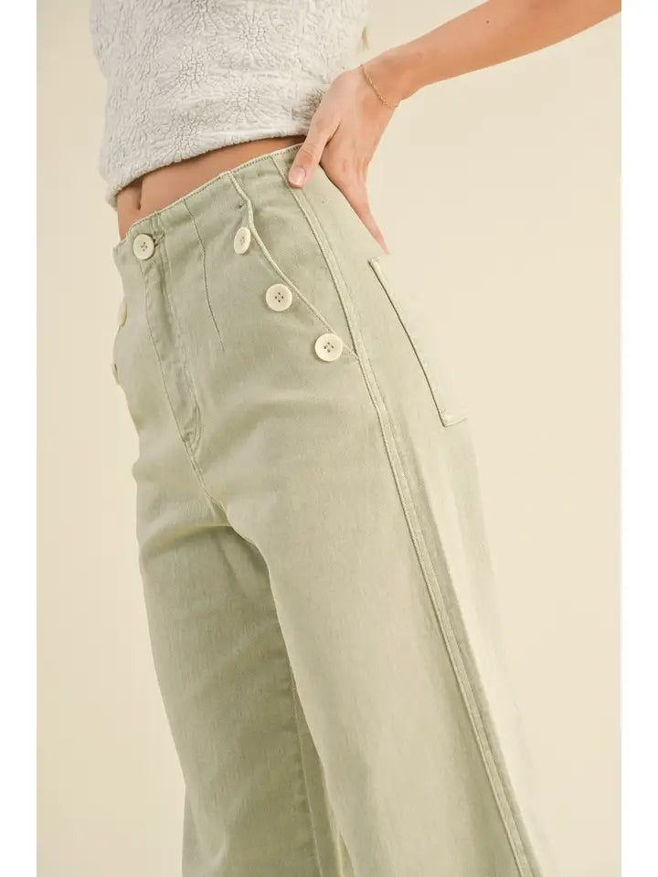 Washed Cotton Button Detailed Pants