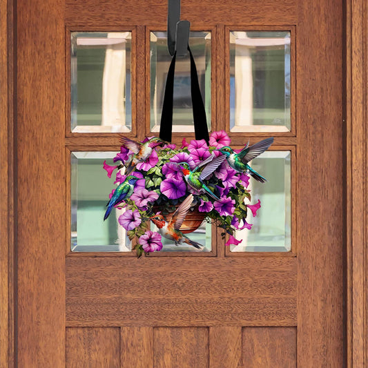 Hummingbirds and Petunias Wood Door Hanger