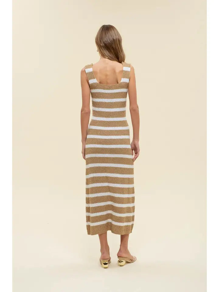 Beige Stripe Sleeveless Knit Midi Dress