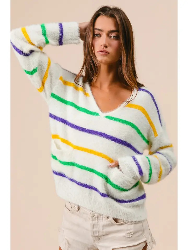 Mardi Gras Stripes V-Neck Hairy Sweater