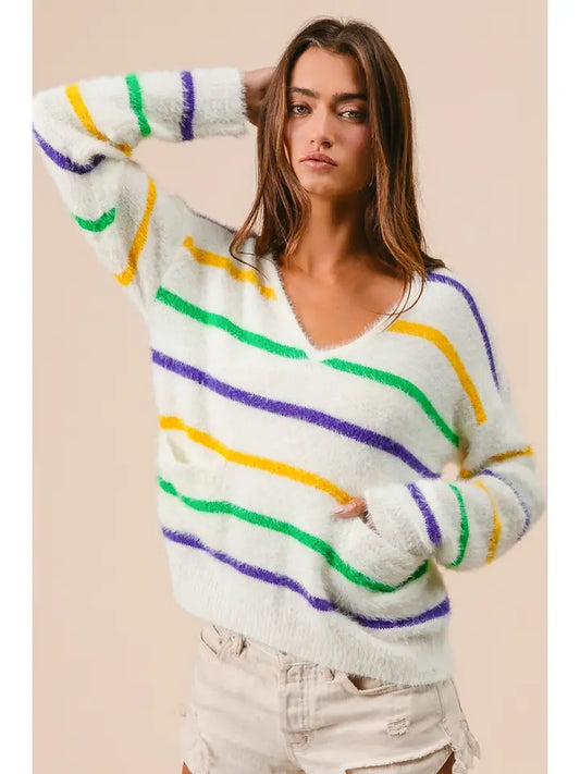 Mardi Gras Stripes V-Neck Hairy Sweater