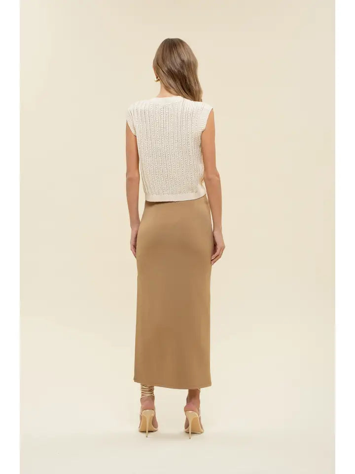 Camel High Waist Side Slit Midi Pencil Skirt