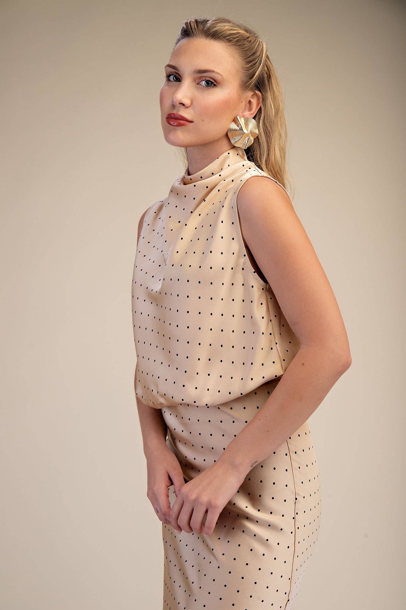 High Neck Sleeveless Polka Dot Top