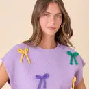 Mardi Gras Ribbon Bow Knit Top