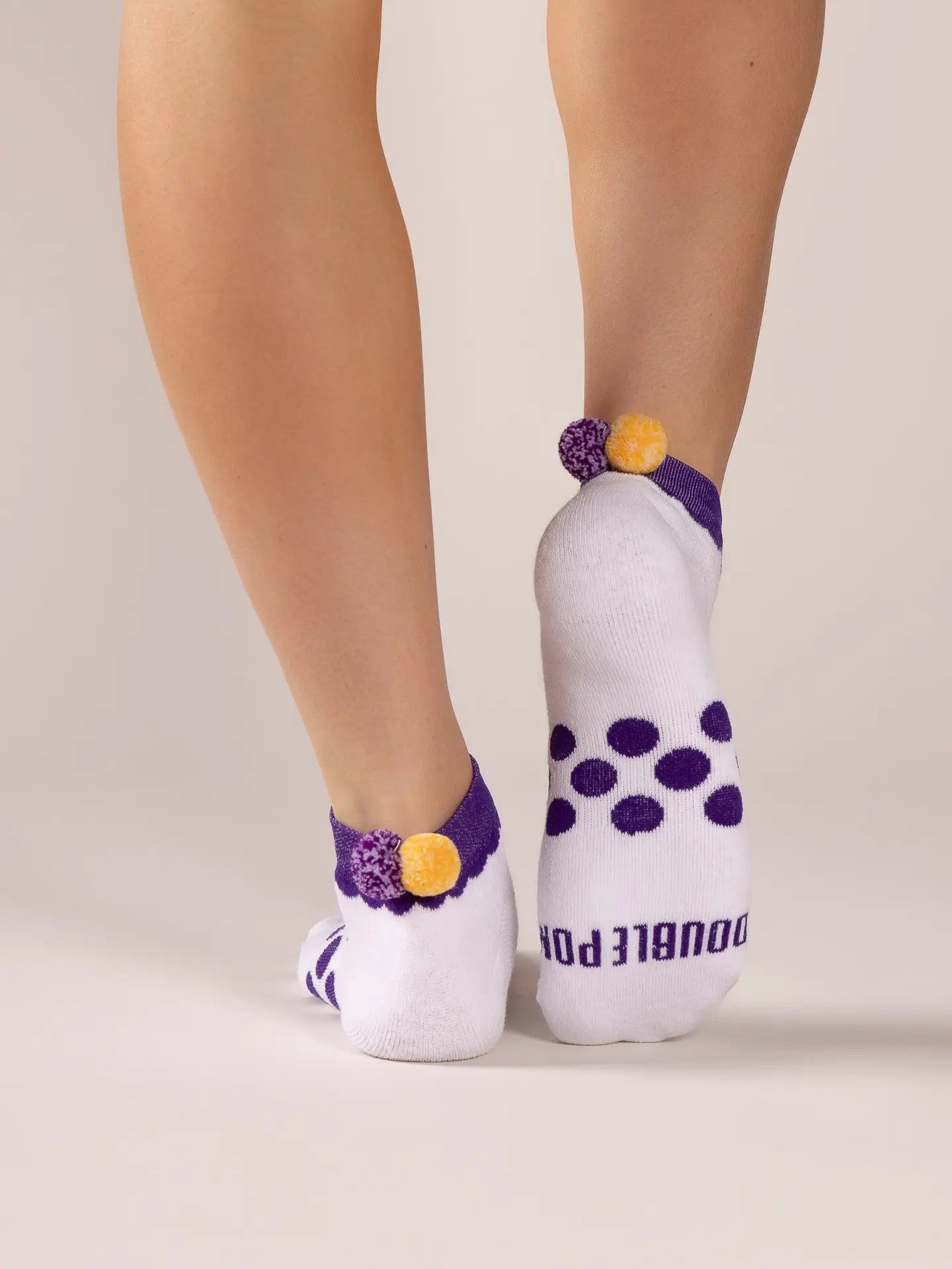 Athletic Ankle Sock w/ Purple Trim and Purple + Gold Confetti Poms - The Season Boutique