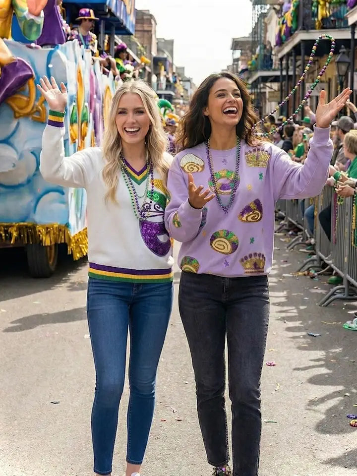 Mardi Gras Sequin Embroidered King Cake Sweatshirt - The Season Boutique