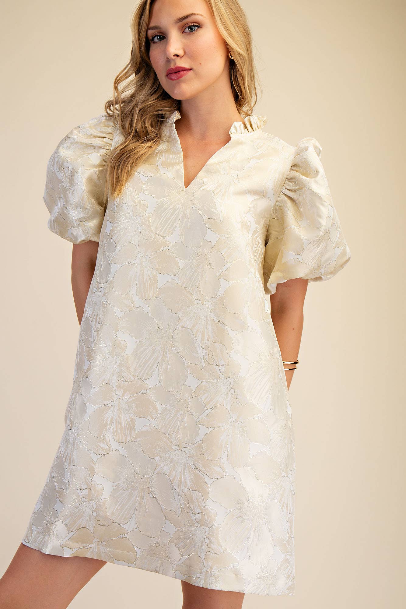 Ruffle V-Neck Puff Sleeve Mini Dress Sage