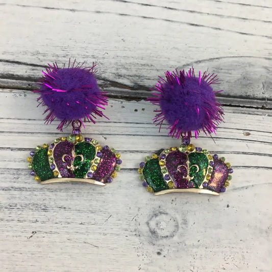 Mardi Gras Glitter Crown Pom Earrings