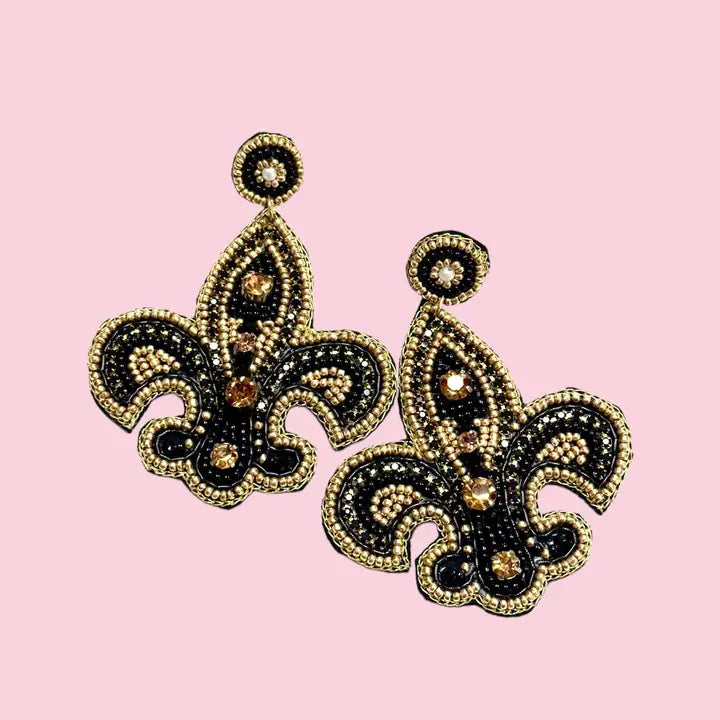 Black & Gold Fleur-De-Lis Beaded Earrings