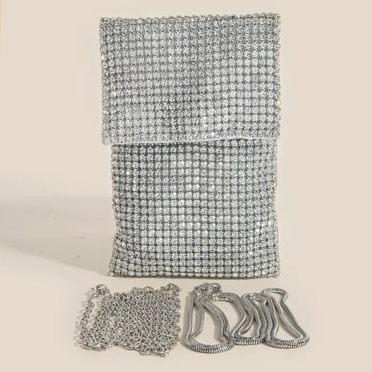 Full Rhinestone Studded Pouch Crossbody Bag -Silver - The Season Boutique
