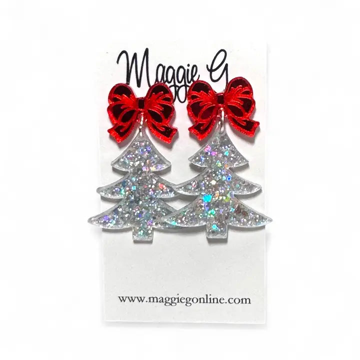 Christmas Tree Red Bow Earrings