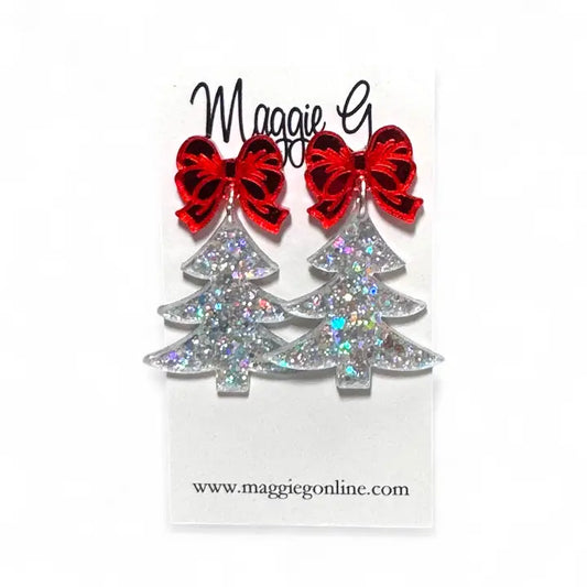 Christmas Tree Red Bow Earrings