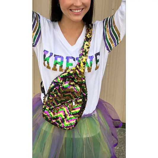 Chevron Crossbody Sequin Purple, Green, and Gold Backpack - The Season Boutique