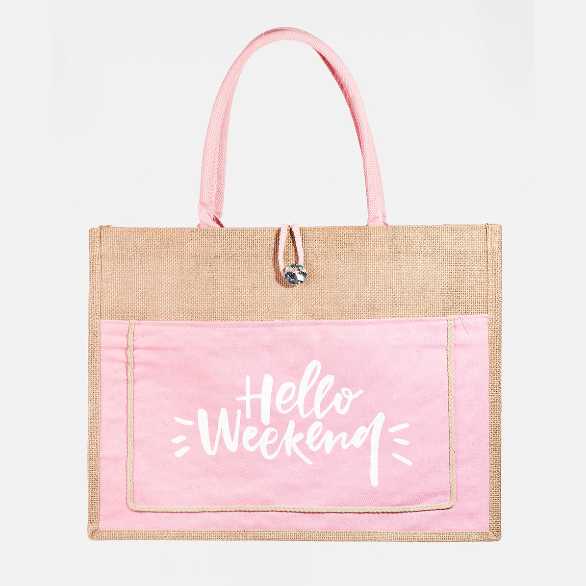 Pink Hello Weekend Burlap Tote Bag