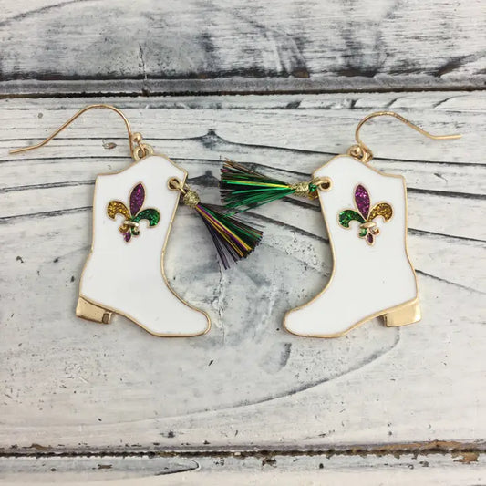 Enamel Mardi Gras Marching Boot Dangle Earrings