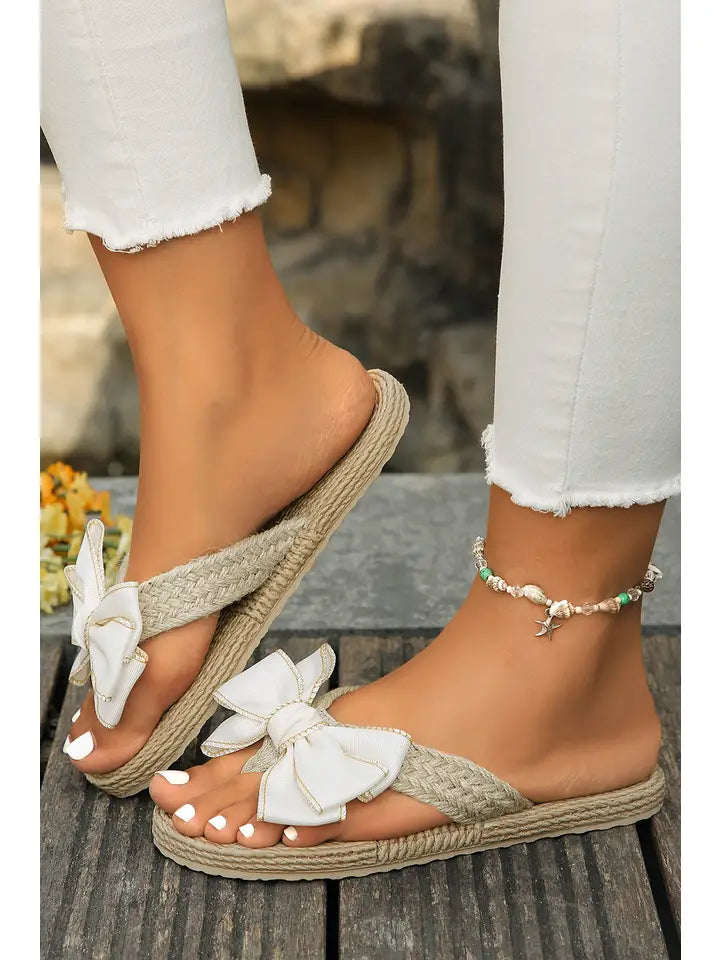 Stitched Bow Woven Flip Flops - The Season Boutique
