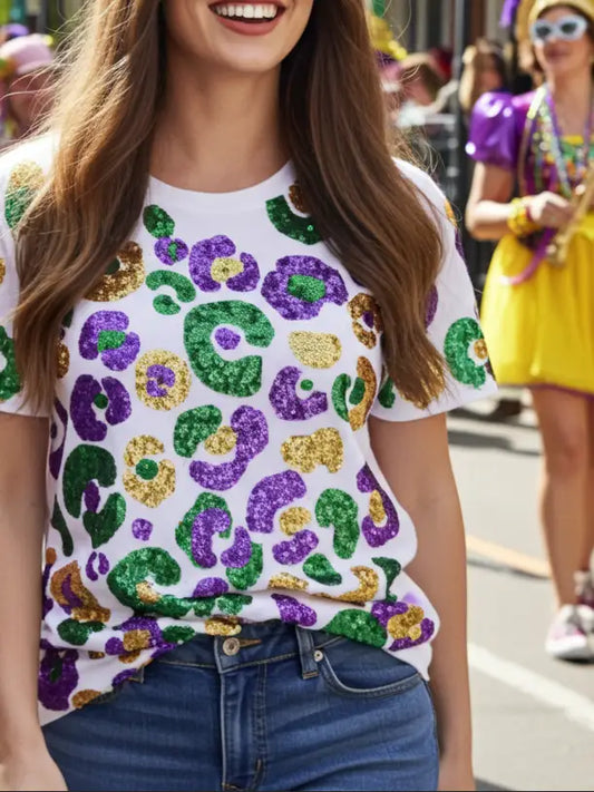 Mardi Gras Sequin Leopard  T-Shirt
