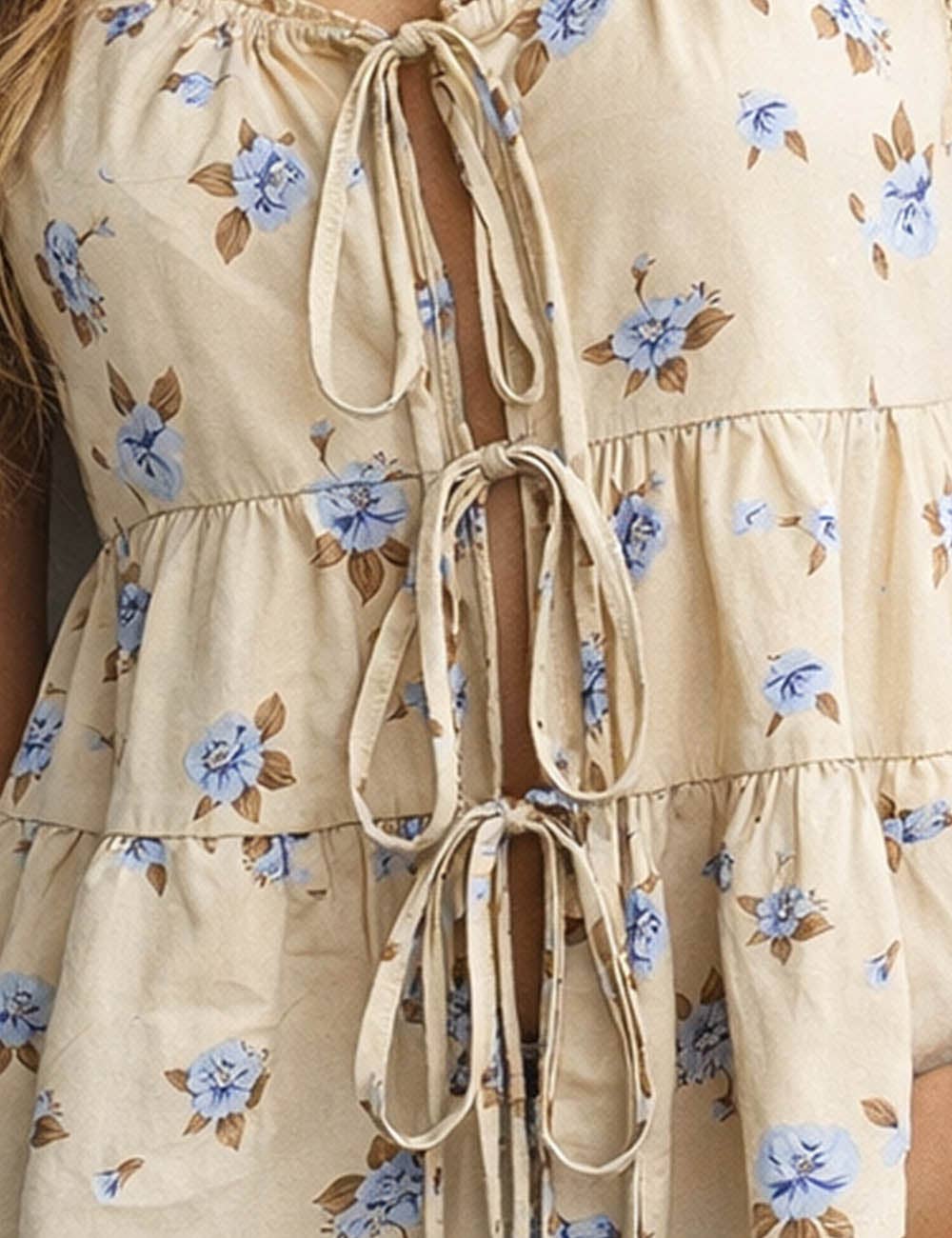 Boho Floral Print Tie Front Scoop Neck - The Season Boutique