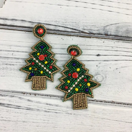 Beaded Green Christmas Tree Earrings