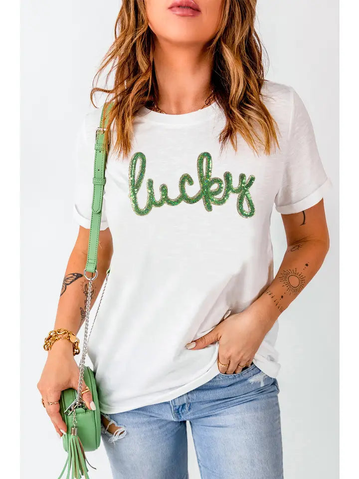 Sequined Lucky Letter Tee - The Season Boutique