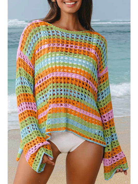 Multi Stripe Open Knit Sweater Beach Cover Up (Copy)