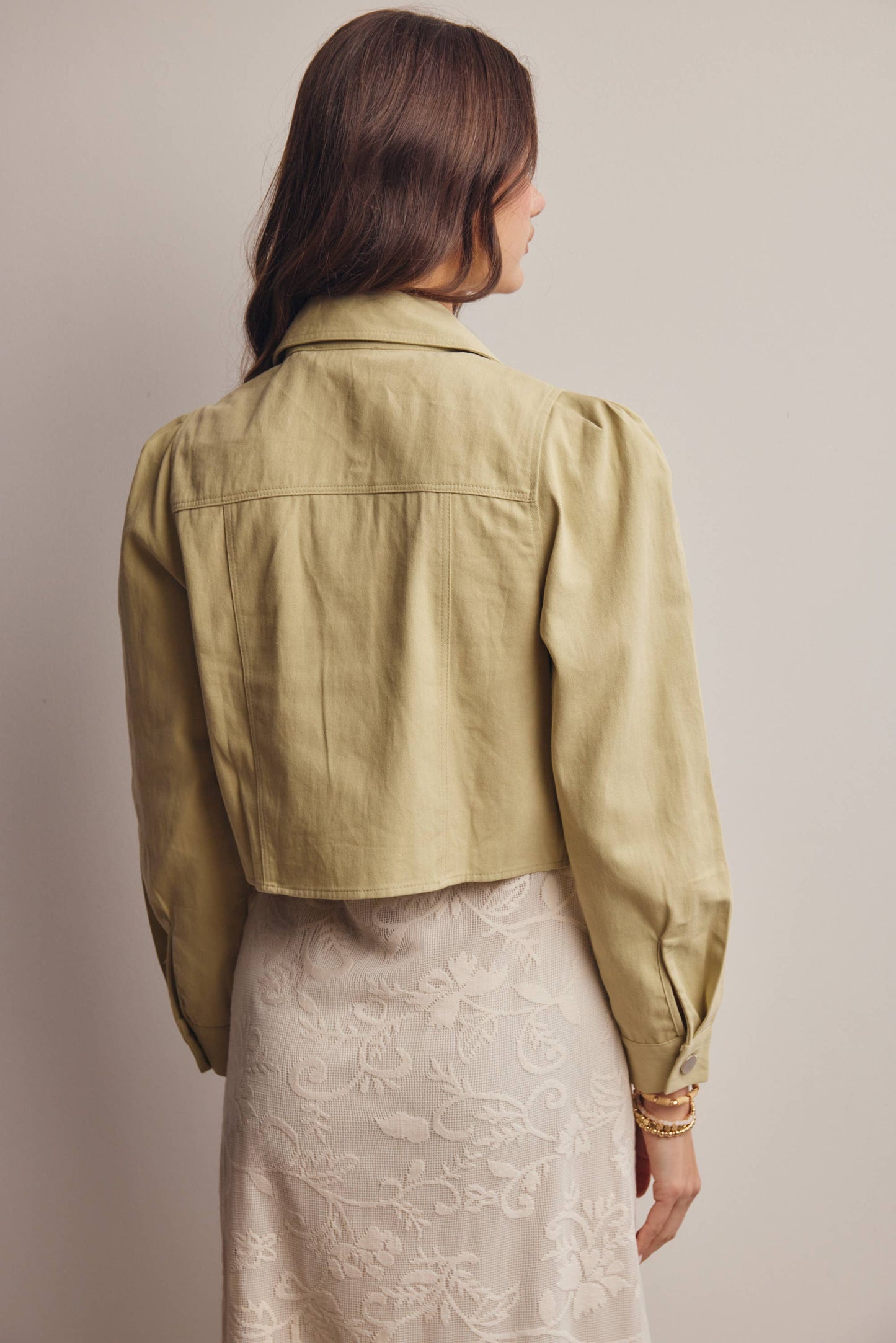 Lightweight Twill Puff-Sleeve Cropped Jacket - The Season Boutique