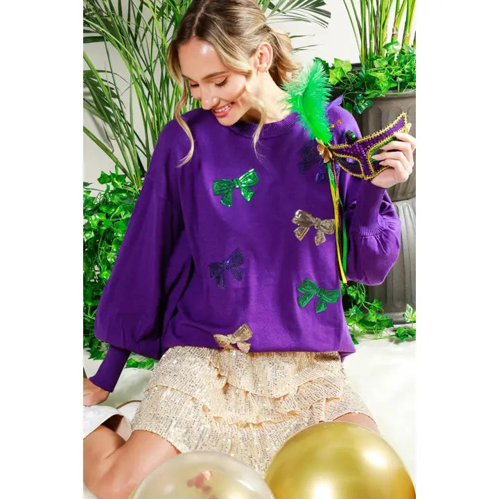 Bow Embroidered Sequin Sweater