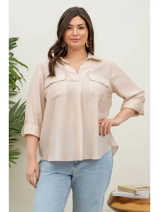 Beige Collared Split Neck 3/4 Tab Sleeve Top