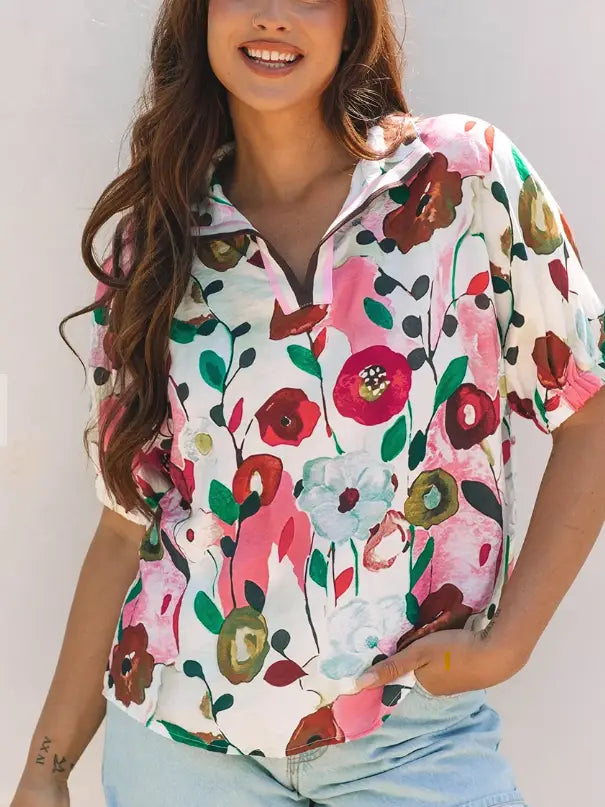 Floral Print Slit V Neck Short Sleeve Blouse - The Season Boutique