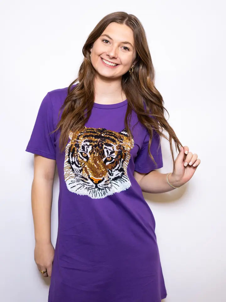 Women's Sequin Design T-Shirt Dress (Purple)