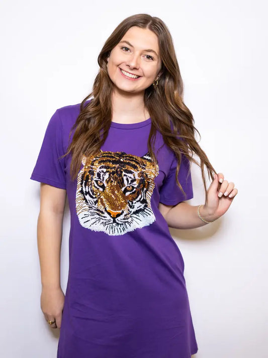 Women's Sequin Design T-Shirt Dress (Purple)
