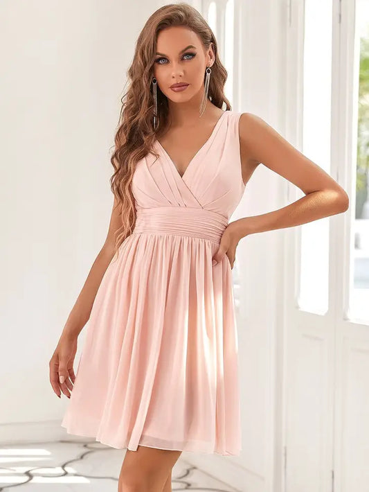 Pink V-Neck Chiffon Cocktail Dress