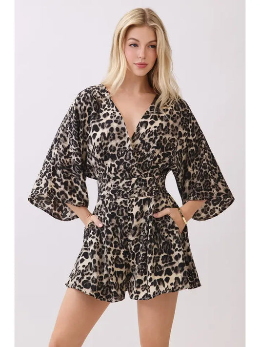 3/4 Kimono Sleeve V-Neck Romper - The Season Boutique