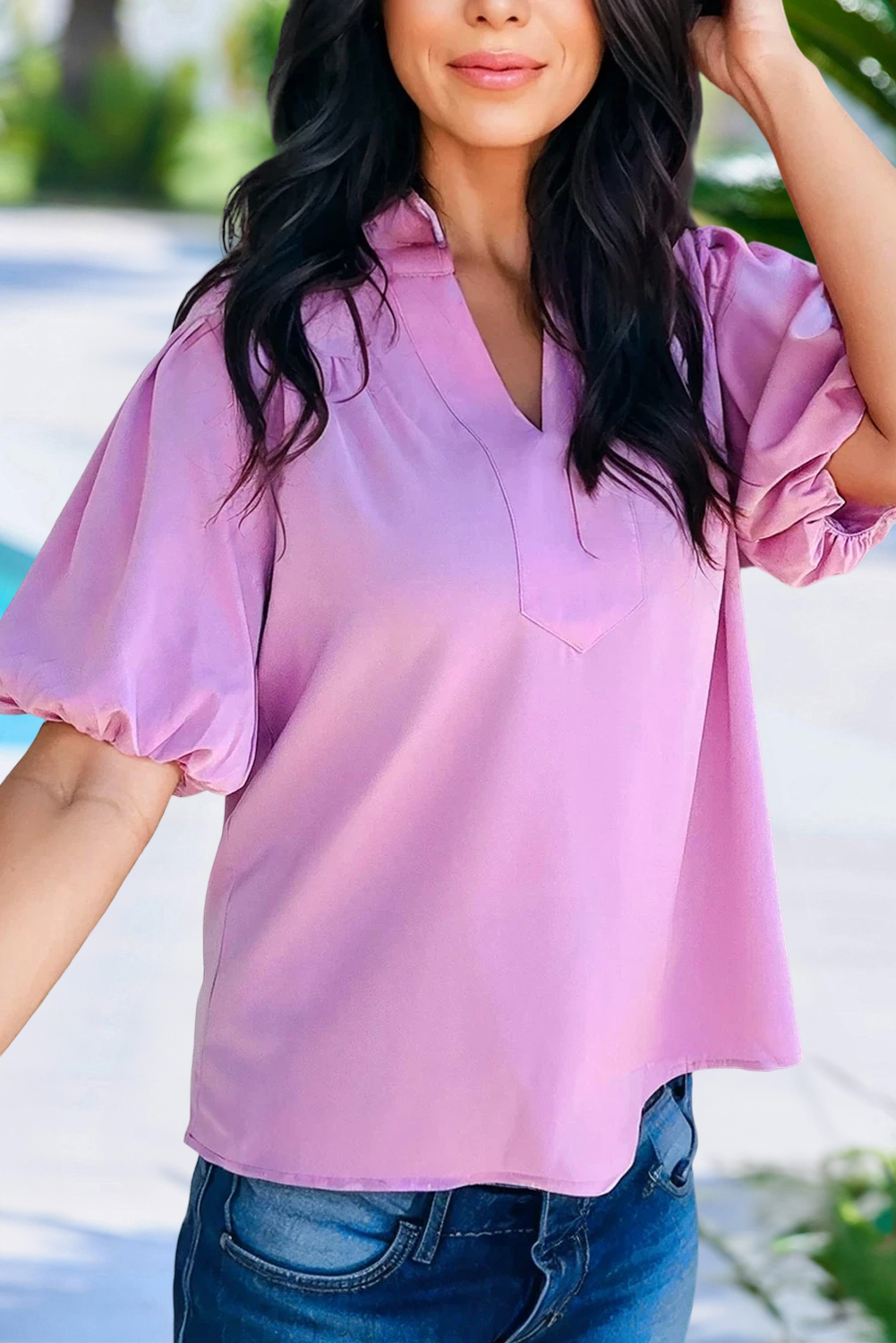 Solid V Neck Puff Short Sleeve Blouse - The Season Boutique