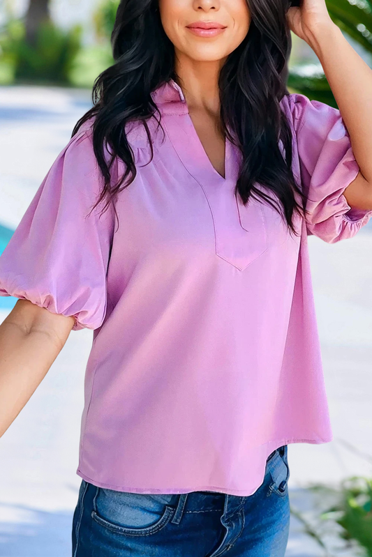 Solid V Neck Puff Short Sleeve Blouse - The Season Boutique
