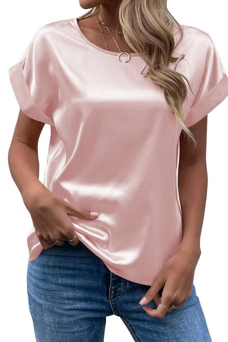 SATIN ROUND NECK LOOSE TOP: PINK - The Season Boutique