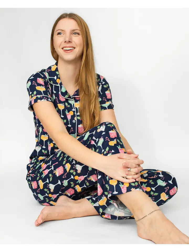 Fizz the Season Short Sleeve Button Up Sleep Shirt Royal/Multi