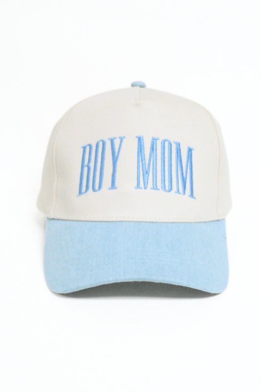 BOY MOM Embroidery Two Tone 5 Panel Cap: Light Denim