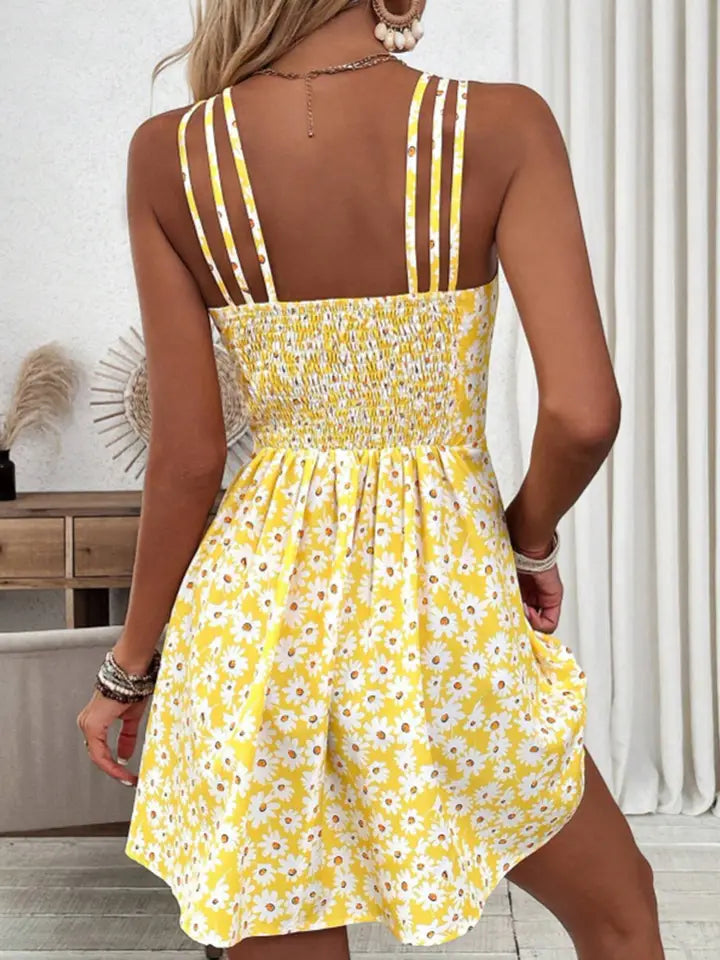 Yellow Floral Print Halter Dress