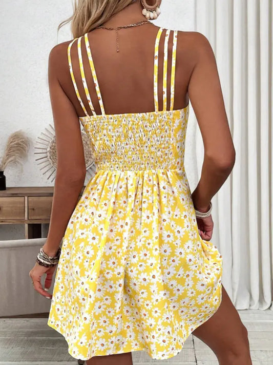 Yellow Floral Print Halter Dress