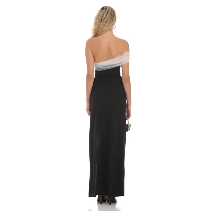 Off Shoulder Tulle Sleeve Maxi Dress in Black
