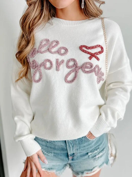 Hello Gorgeous Graphic Ribbed Trim Sweater