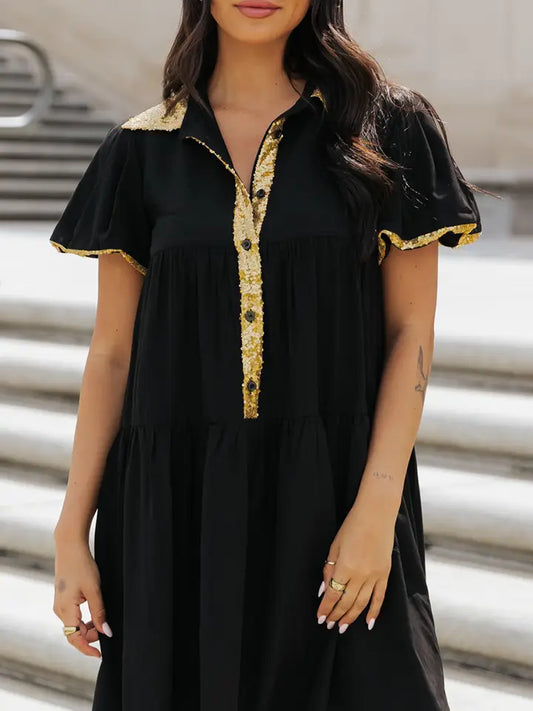 Sequin Trim Bubble Sleeve Game Day Shirt Dress