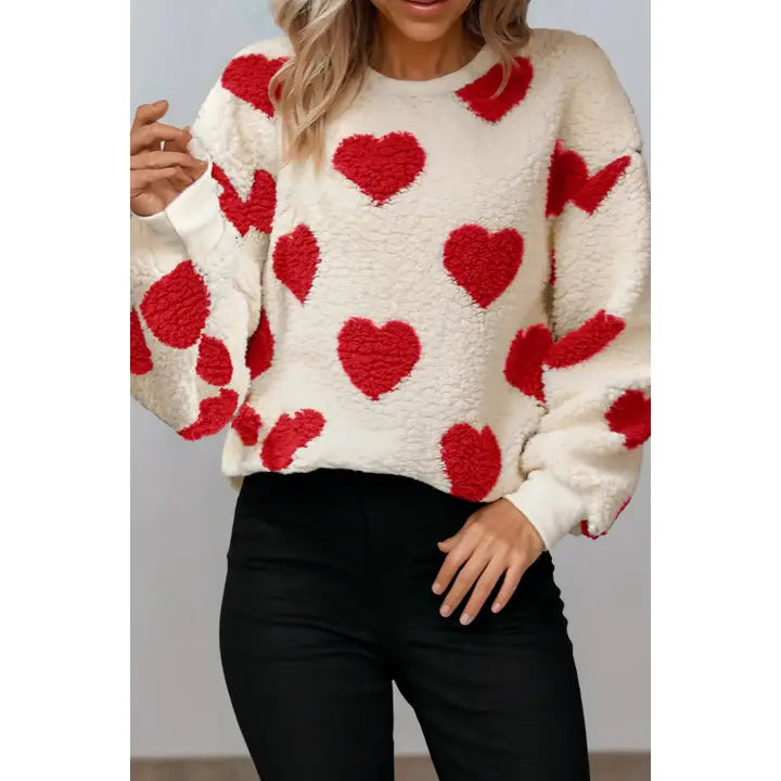 Heart Shape Valentine Round Neck Plush Sweatshirt