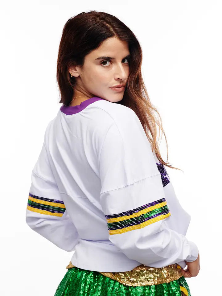 Bright Mardi Gras Sequin Short Long Sleeve Shirts - The Season Boutique