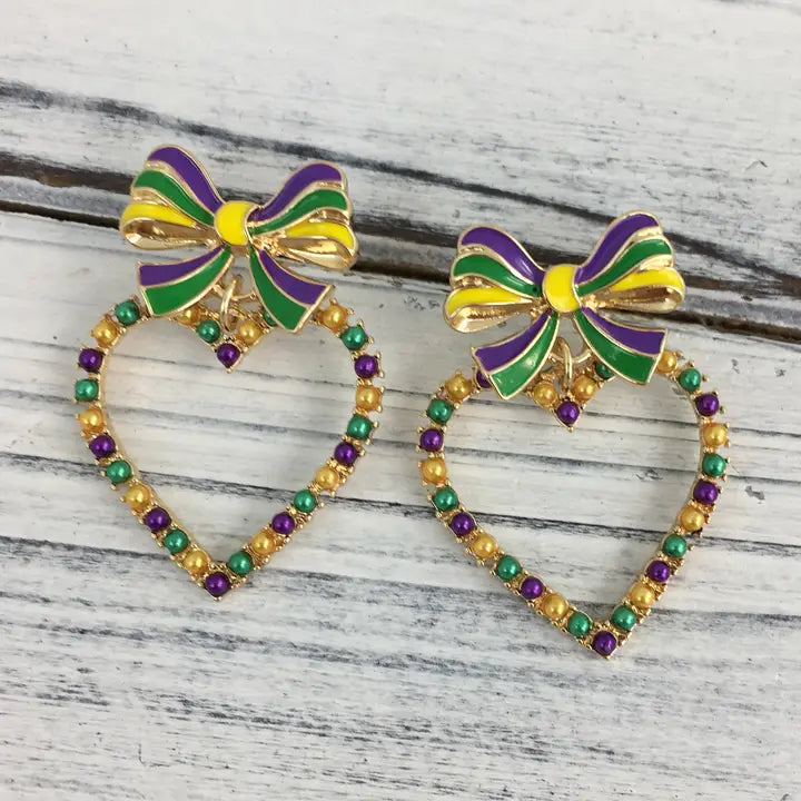Mardi Gras Bow Heart Earrings - The Season Boutique
