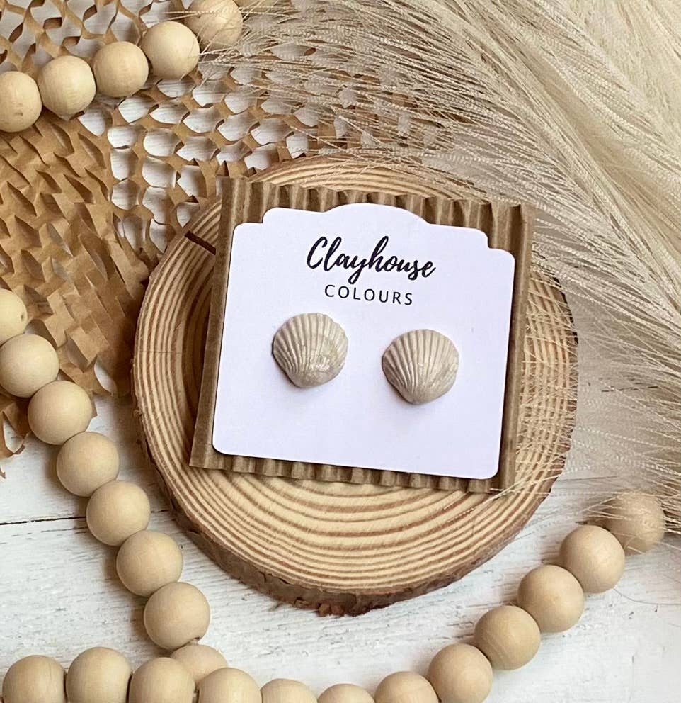 Beach Clay Earrings: Large Shell w/Pearl Post - The Season Boutique