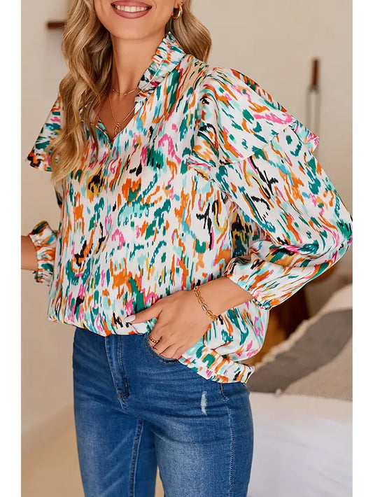 Abstract Ruffle 3/4 Puff Sleeve Blouse