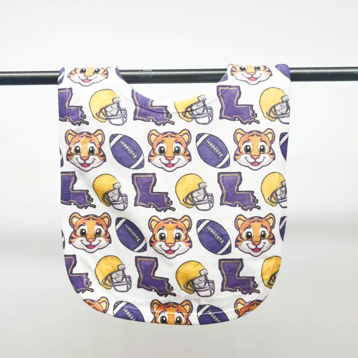 Purple and Gold Baby Tiger Football Baby Bib