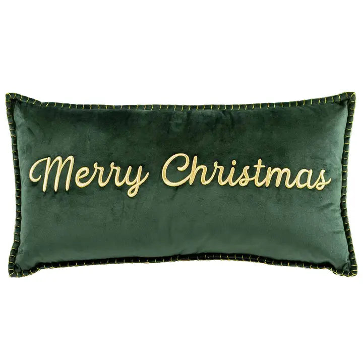 Merry Christmas Embroidered Pillow Dark Green/Gold